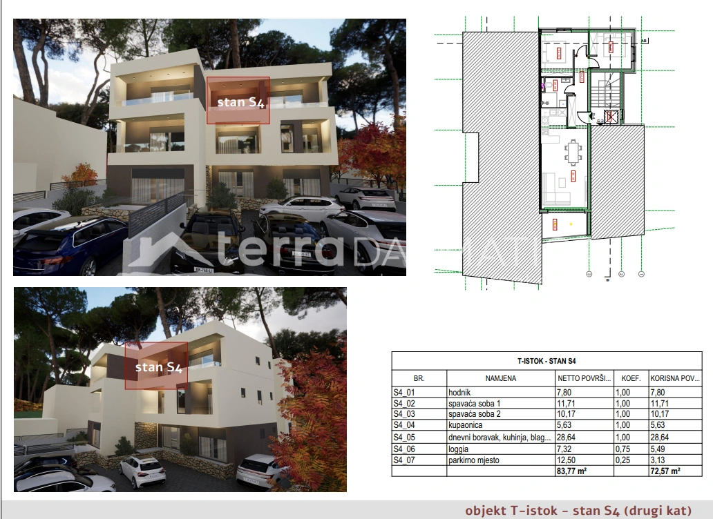 Apartament S4 Brodarica, drugie piętro z balkonem i miejscem parkingowym