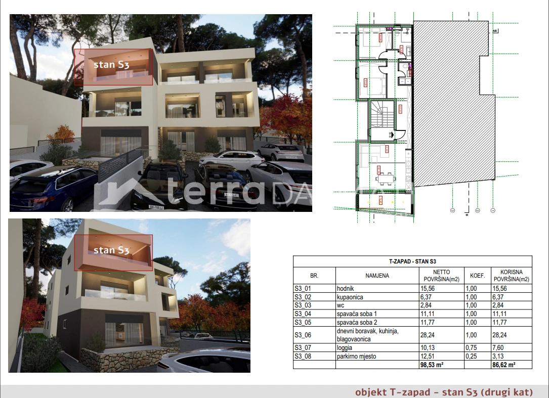 Apartament Brodarica, ostatnie piętro z balkonem i miejscem parkingowym